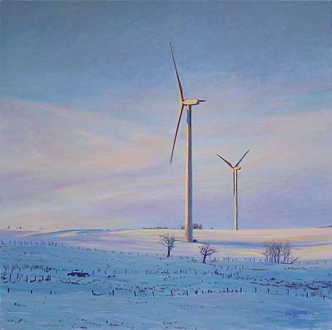 Henry J. Drexler painting winter landscape windmills turbines renewable clean energy sustainable rural economy  near Hamilton Madison county, upstate New York.