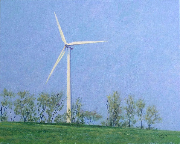 Drexler painting spring landscape windmill turbine renewable clean energy sustainable rural economy near Cazenovia Hamilton Madison county, upstate New York.