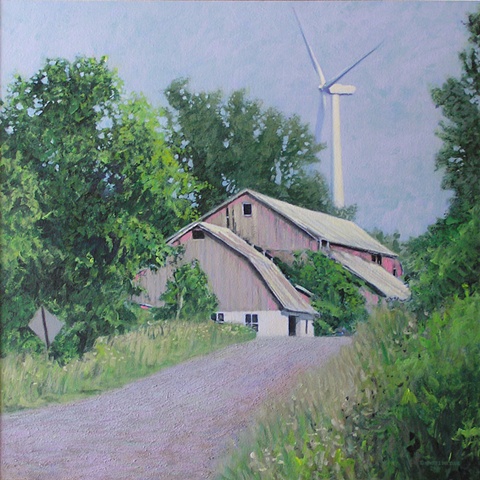 Drexler painting summer landscape barn windmill turbines renewable clean energy sustainable rural economy  near Bouckville Hamilton Madison county, upstate New York.
