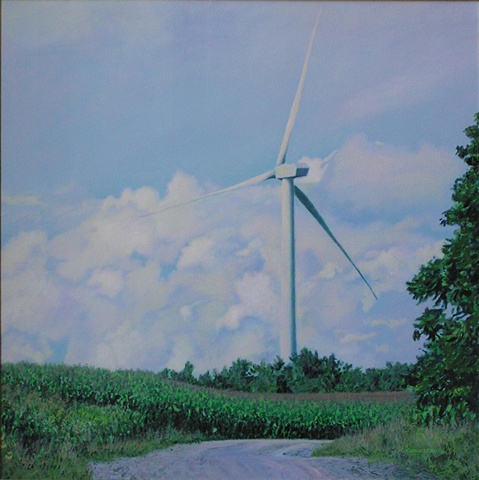 Drexler painting summer landscape windmills turbines renewable clean energy sustainable rural economy near Bouckville Hamilton Madison county, upstate New York.