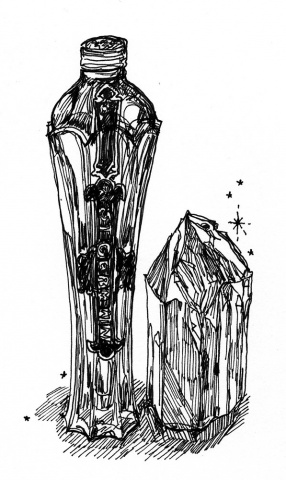 a bottle of st. germain and a rose quartz (for "the society for salvific love and night vision" zine)