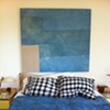 Installation bedroom detail- duvet (South Swell) painting (Marine Layer) , pillow cases (Board Shorts)