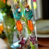 Teal and amber with pink flower earrings  - E 003