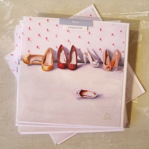 shoes and roses painting by Linda Boucher, commissioned and licensed for use on a greetings card, by Paperlink.
