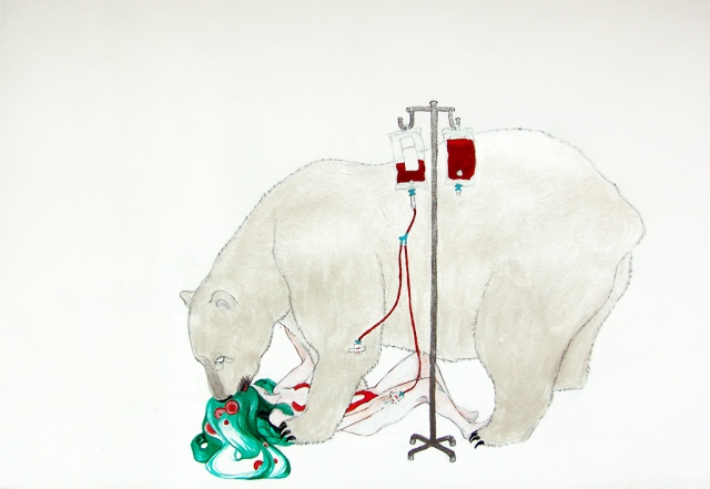 Painting of a woman and a polar bear having a blood transfusion by Jenny Kendler