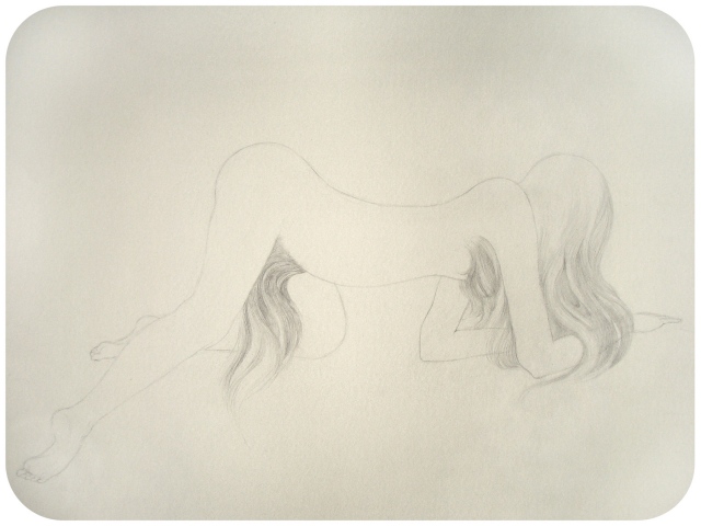 Drawing of a woman with a pubic mane crawling on the ground by Jenny Kendler