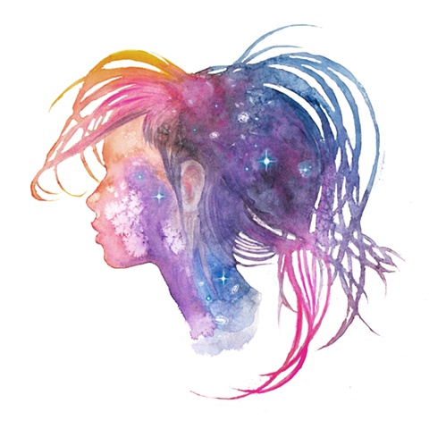 Painting of a woman's head, silhouette, profile filled with a nebula full of stars - environmental art, comment on nature's link between humanity and the cosmic