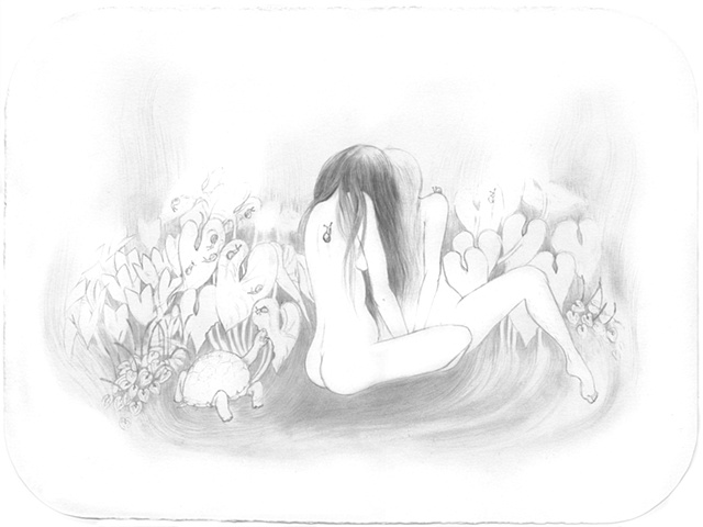 Drawing of two women in a garden with snails and a Gal�pagos giant tortoise by Jenny Kendler