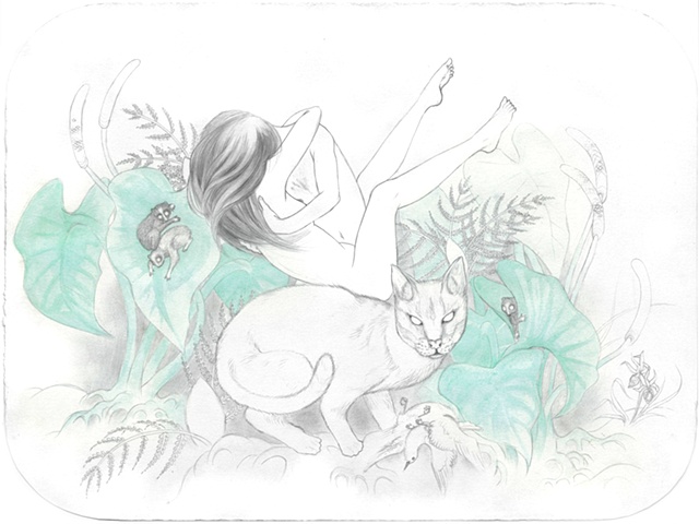 Drawing of a man and a woman making love in the rain forest with Slow Lorises and an Asian (aka Temminck's) Golden Cat by Jenny Kendler 