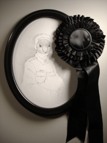 Drawing of a soldier from 1918 wearing a mask of an extinct Carolina Parakeet by Jenny Kendler