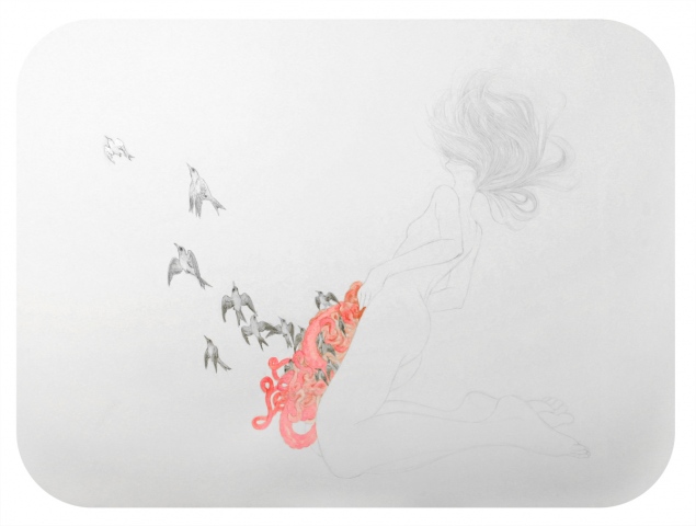Drawing / Painting of a woman with birds flying out of her intestines by Jenny Kendler