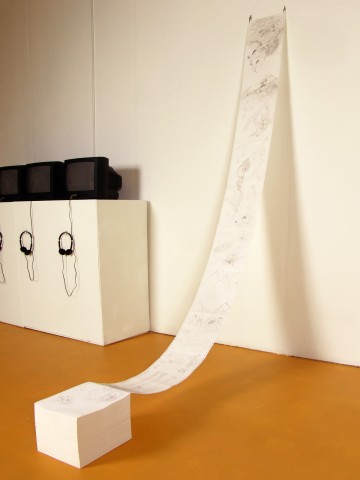 Drawing of many ecosystems and species on dot matrix printer paper by Jenny Kendler