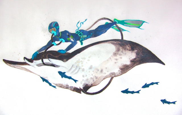 Painting of a deep sea diver an a manta ray sharing the same oxygen by Jenny Kendler