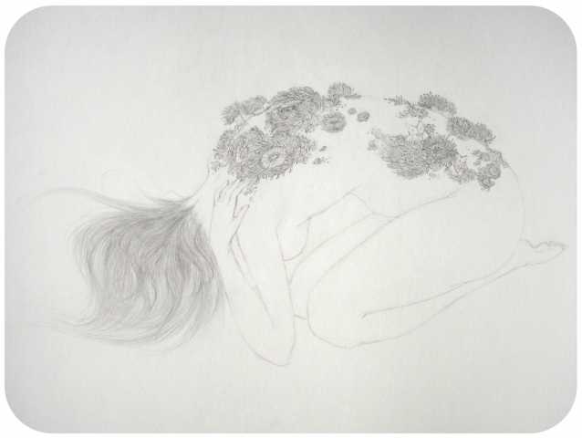 Drawing of a woman with sea anemones and starfish on her back, like a tide pool by Jenny Kendler 