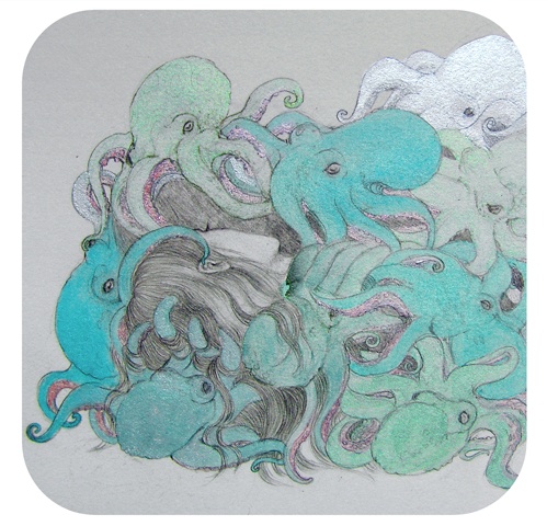 Detail of a Drawing / Painting of a woman covered in blue and green octopuses by Jenny Kendler