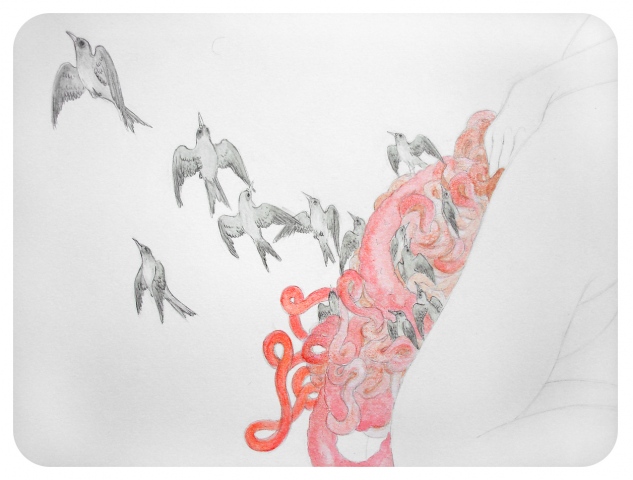 detail of Drawing / Painting of a woman with birds flying out of her intestines by Jenny Kendler