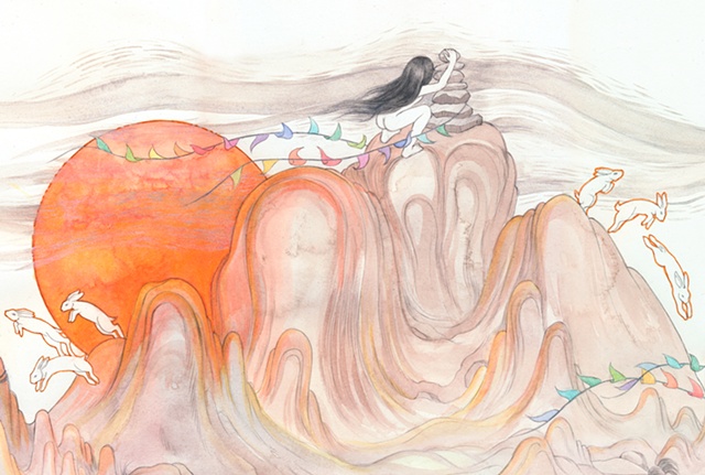 Drawing / Painting of a woman making a stone cairn to hel Volcano Rabbits / teporingo / zacatuche / Romerolagus diazi - environmental art, nature vs culture