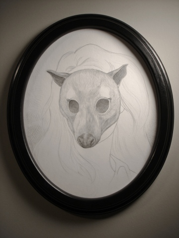 Drawing of a woman from 1974 wearing a mask of an extinct Guam Flying Fox by Jenny Kendler