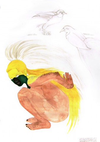 Painting of a woman who is also a Lesser Bird of Paradise by Jenny Kendler
