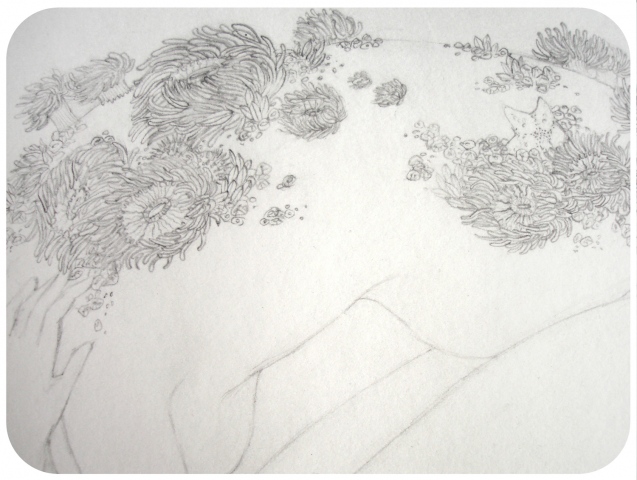 Detail of a Drawing of a woman with sea anemones and starfish on her back, like a tide pool by Jenny Kendler 