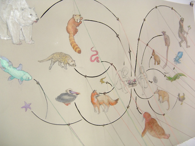 Detail of Painting / Sculpture of a scientific beam balance attached to a schematic drawing of organisms and species by Jenny Kendler