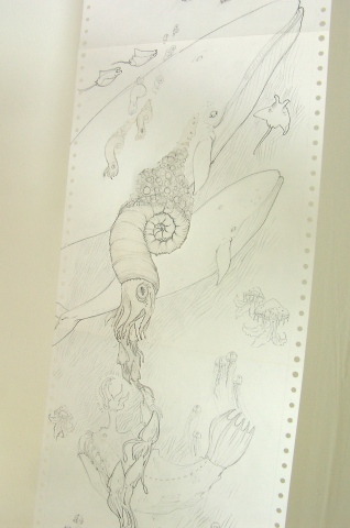 Detail of Drawing of many ecosystems and species on dot matrix printer paper by Jenny Kendler