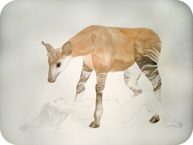 Drawing / Painting of a woman with an Okapi standing over her by Jenny Kendler
