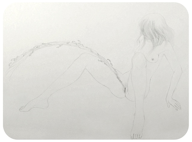 Drawing of a woman with a stream of tiny fish by Jenny Kendler