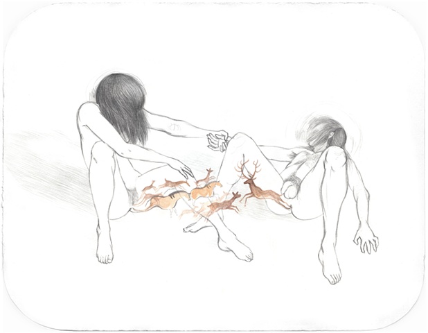 Drawing / Painting of a woman helping a man with cave paintings, horse, stag, deer like Lascaux- environmental art, nature vs culture