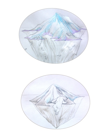 Drawing / Painting of an iceberg as it melts over time with a polar bear and seals by Jenny Kendler