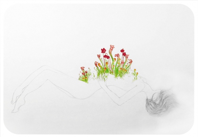 Drawing / Painting of a woman with blooming American Pitcher Plants (Sarracenia) growing from her chest by Jenny Kendler
