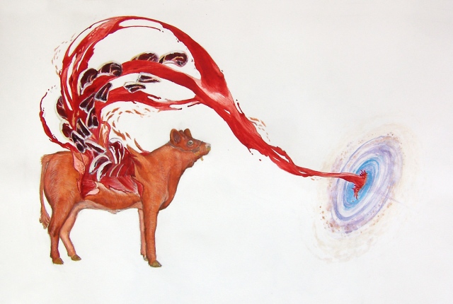 Painting of a cow's meat being sucked into a black hole by Jenny Kendler