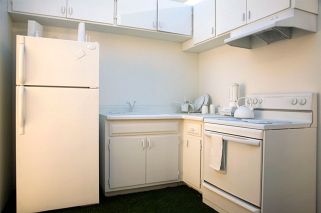 Overall Interior shot of counter space and appliances.