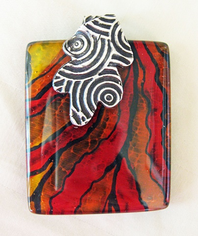 Enamel Painted Glass with a silver metal clay bail