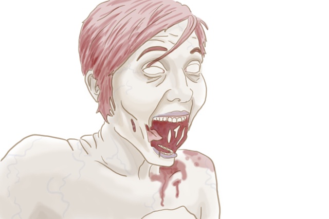 A girl zombie with a dislocated jaw, 3/4 view, zombie army productions