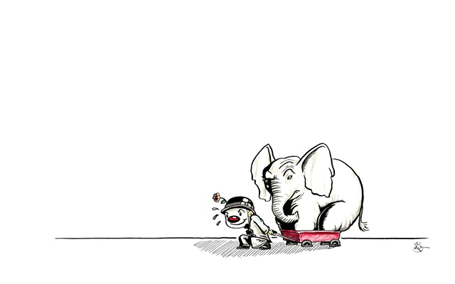 Little Clown pulling an elephant in a red wheelbarrow