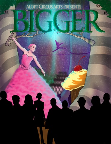A forest scene with giant cupcakes, stilt-walking stilts stiltwalking girl in cotton candy dress and a wire walker wirewalker circus spectacle