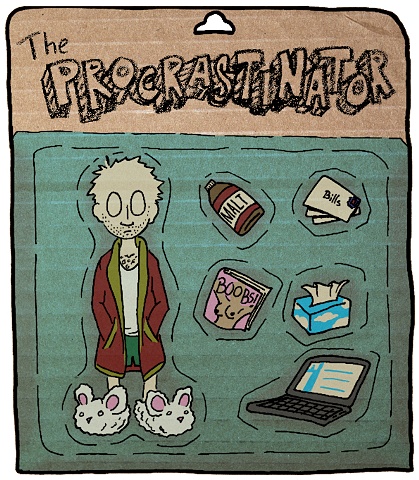 An action figure doll of a man in a bathrobe and bunny slippers. He also has a 40oz of malt liquor, pornography, and a labtop.