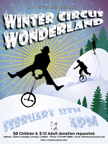 three unicyclists speed down a snowy slope toward the text
