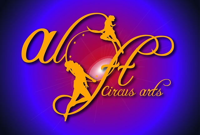 Logo for Aloft Circus Arts, two acrobats are hanging from the O.