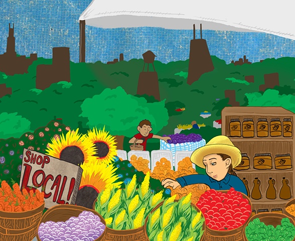 Chicago skyline within a park trees organic local fruits vegetables summer shopping green illustration