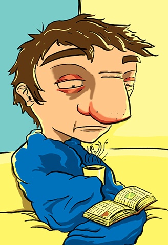 A boy sitting on a couch with a runny nose, reading a book and drinking tea.