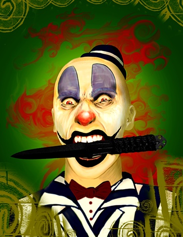 Scary sideshow clown holding a throwing knife between his teeth