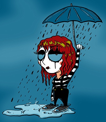A girl Mime is holding an umbrella that is pouring buckets of rain water on her. She is not amused.