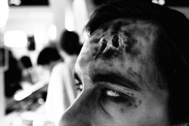 zombie head wound, black and white