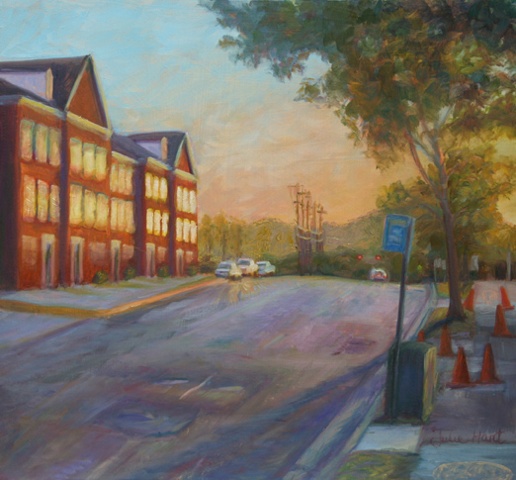 oil painting of city scene of townhouses