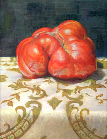 still life, tomato painting, vegetables, produce, heirloom tomato