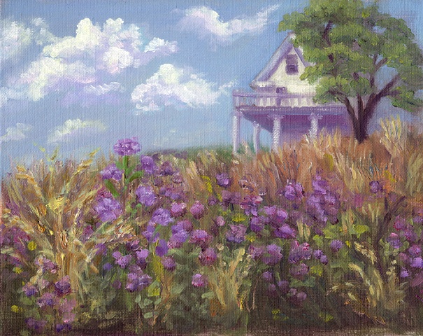 plein air oil painting of wild phlox and house at River Farm in Alexandria, virginia