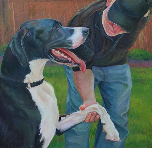 oil painting of dog shaking hands with owner