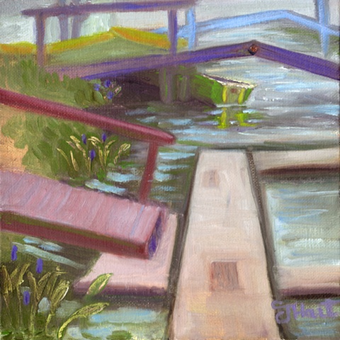 oil painting of boat docks at harbor